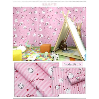 (tặng dụng cụ) combo10m giấy dán tường Hello Kitty sọc hồng