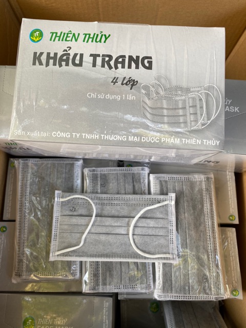 Khẩu trang y tế than hoạt tính 4 lớp Thiên Thuỷ màu xám (1 hộp 50 cái)