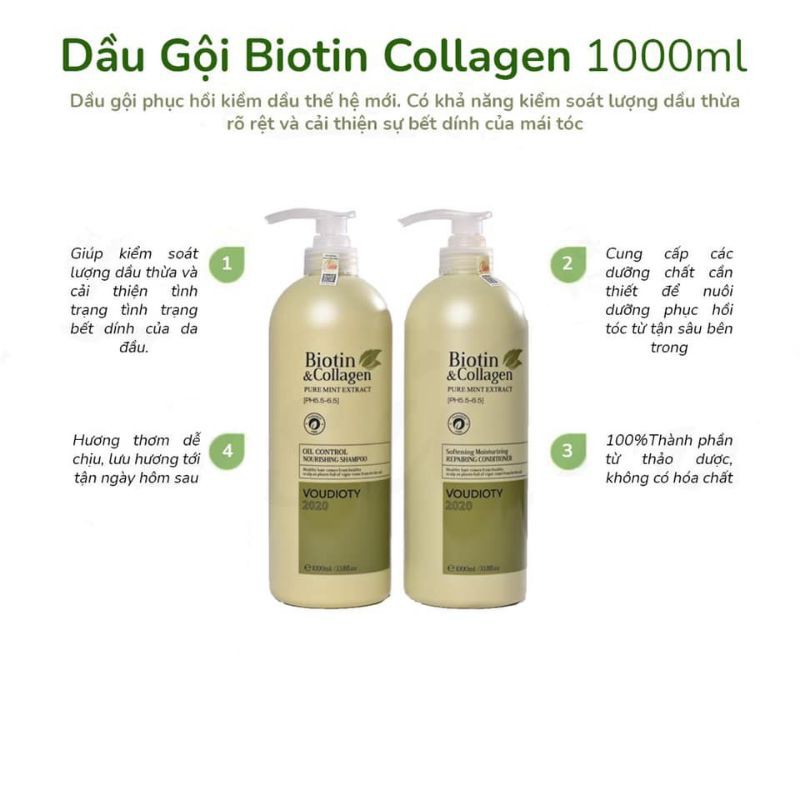 🍃🍁🍃Cặp Dầu Gội Xả Biotin Collagen Xanh Lá 🍃🍁🍃| Phục Hồi Kiềm Dầu - Hàng Chính Hãng. 1000ml
