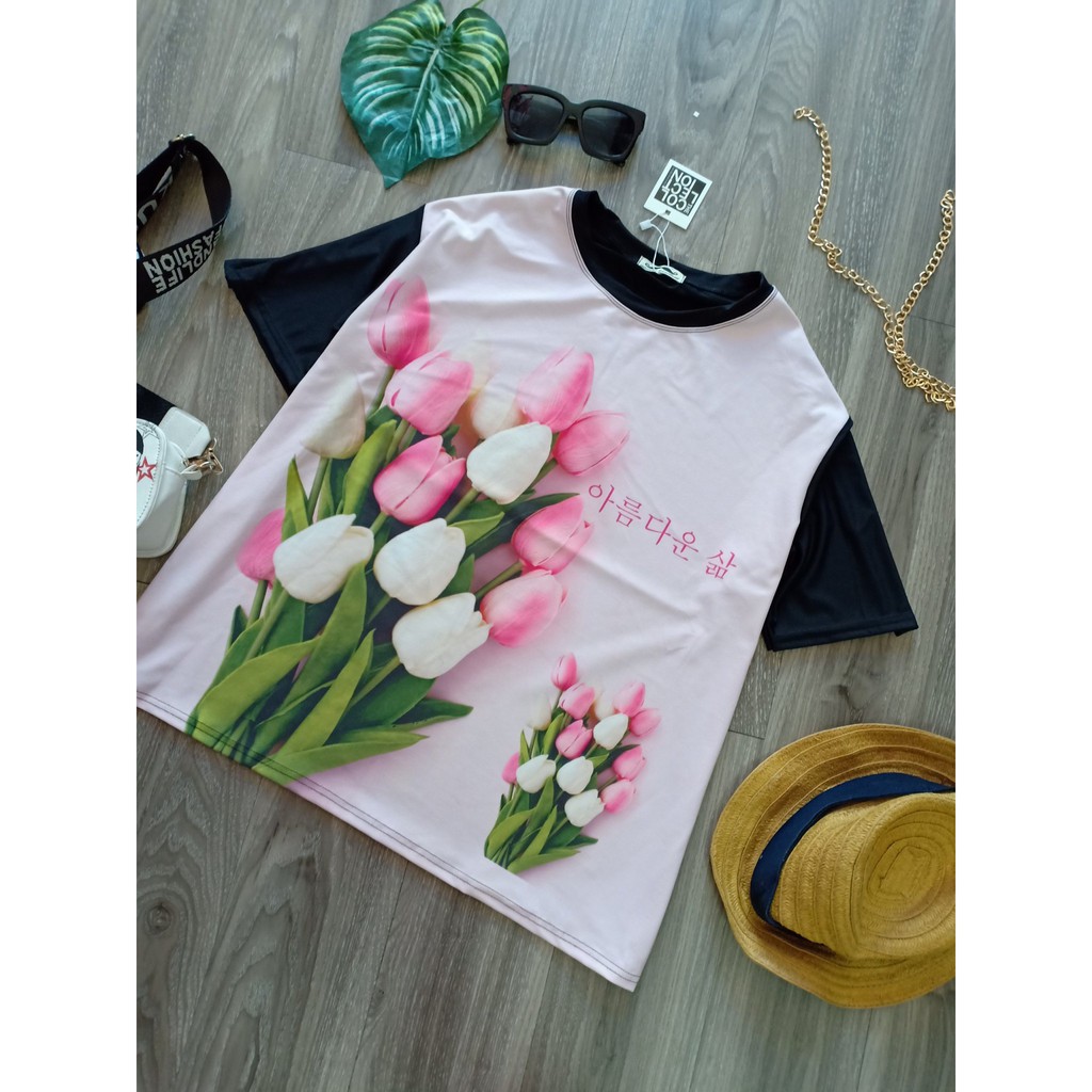 áo thun thái unisex oversize[hình hoa tulip]