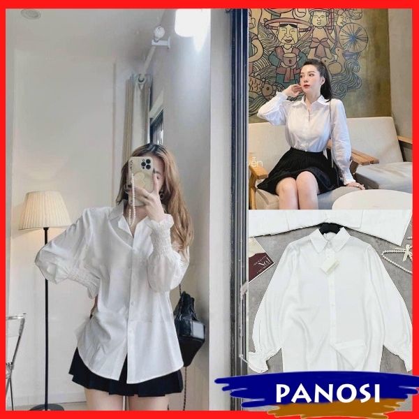 Áo sơ mi trắng nữ áo sơ mi basic nữ tay dài form rộng tay bồng bo chun kiểu dáng trẻ trung năng động - A615 TRẮNG-PANOSI
