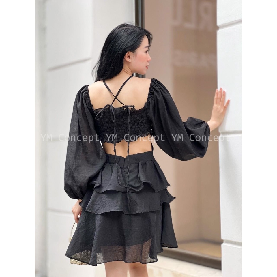 Đầm Xòe Dự Tiệc Dáng Ngắn 3 Tầng Phong Cách Sexy Khoét Eo Hở Lưng Màu Họa Tiết Hoa Màu Trắng, Đen | ROSE CLOTHING D0488