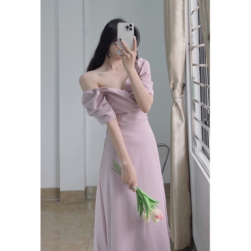 Đầm nữ cổ V chéo ngực tay bồng