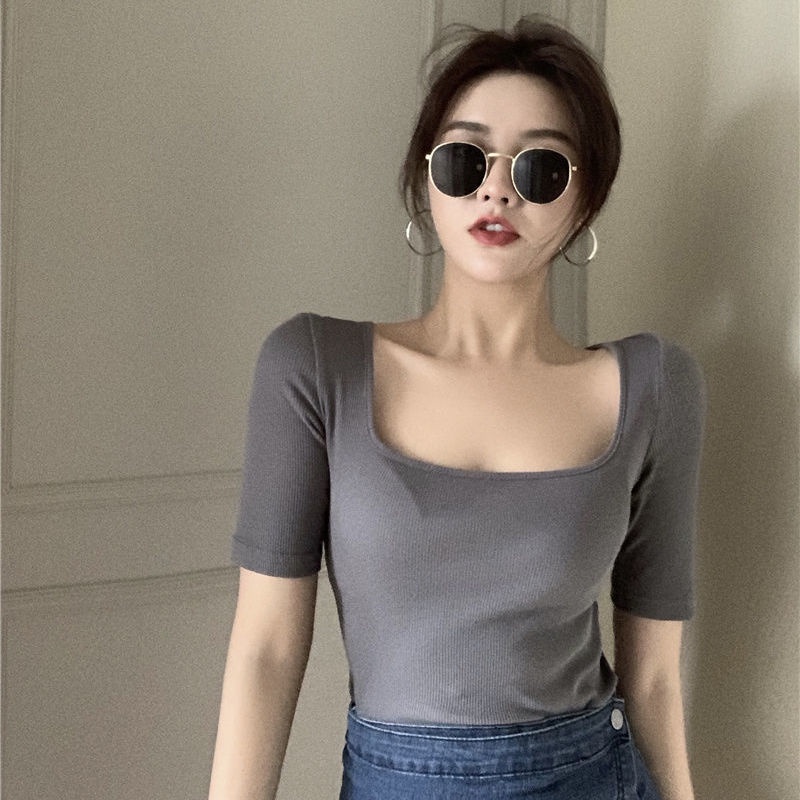 Áo Thun Tay Ngắn Cổ Vuông Hở Xương Quai Xanh Đơn Giản Thời Trang Xuân Hè Hàng Mới Dành Cho Bạn Nữ 2022