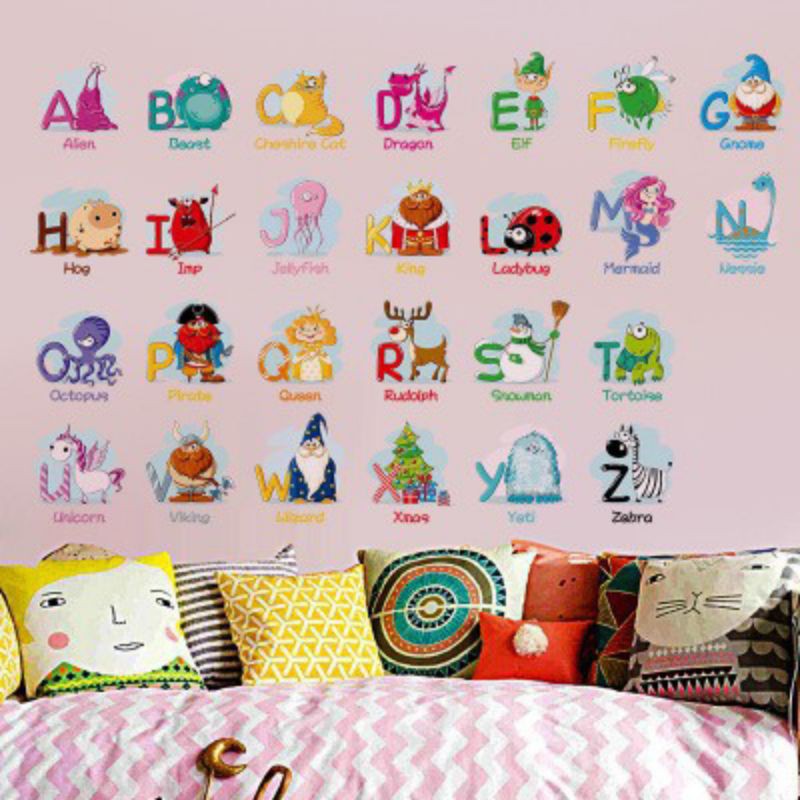 Decal dán tường bảng chữ cái, kèm con vật và chữ tiếng anh