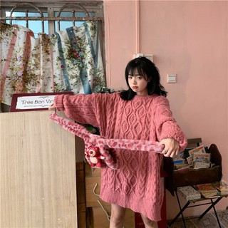 Áo len vặn thừng oversize form rộng dáng dài cổ tròn