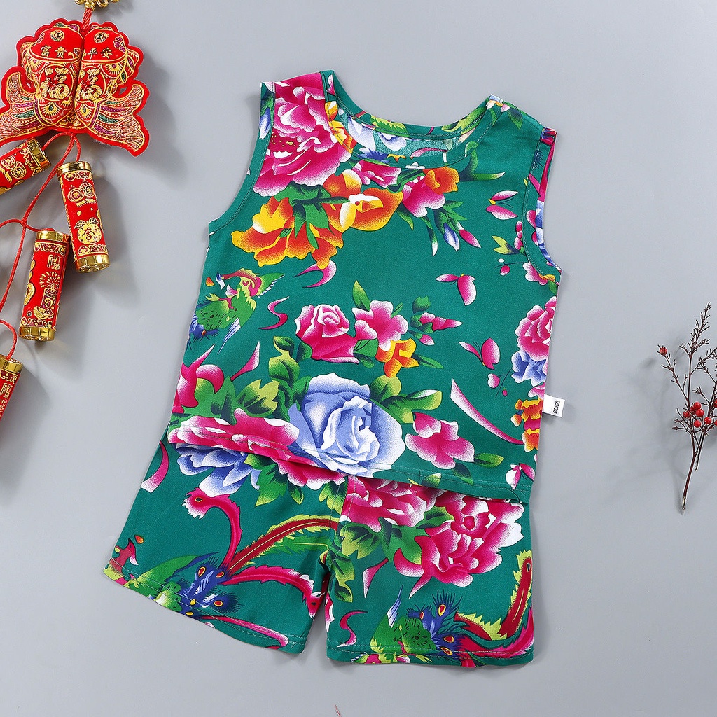 Set Áo Cộc Tay Thắt Nơ Cổ + Quần Short In Hoa Cho Bé Gái