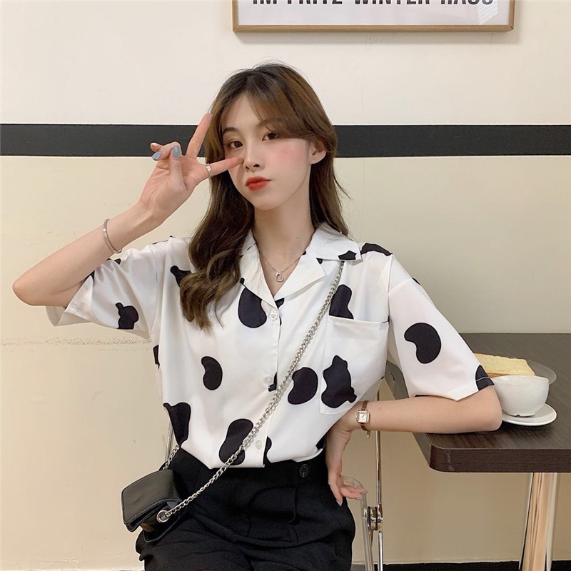 Áo sơ mi nam nữ Bape form rộng tay lỡ unisex loang bò sữa có túi ngực cổ bẻ oversize