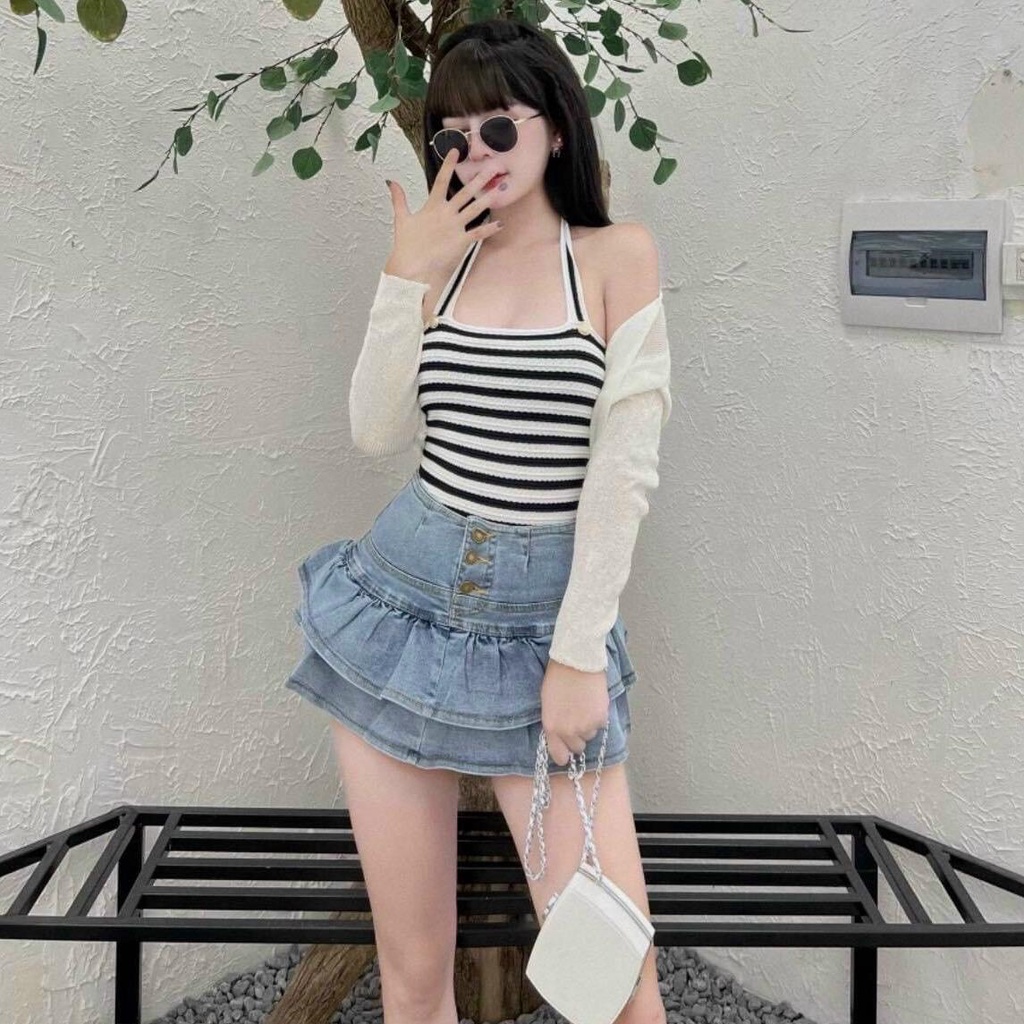 [Cao Cấp] Chân Váy Jean AIORI Dáng Xoè V007