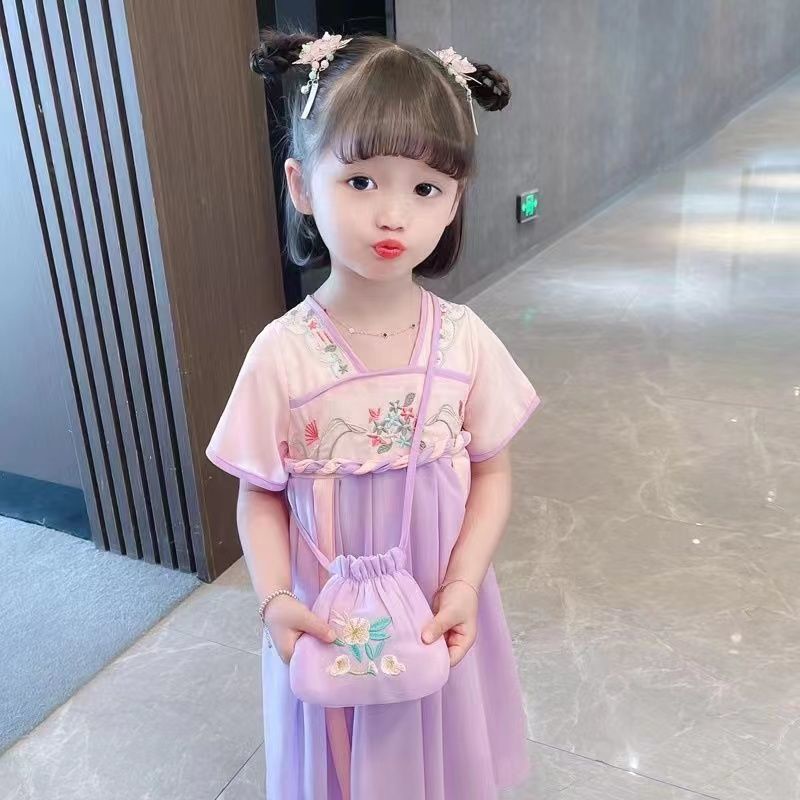 Spot Girls Váy Hanfu cho trẻ em Mùa hè mỏng tay ngắn Tang Phù hợp với phong cách Trung Quốc Siêu cổ tích Váy cổ yếm Cô gái nhỏ Váy voan công chúa 90-150 Yards