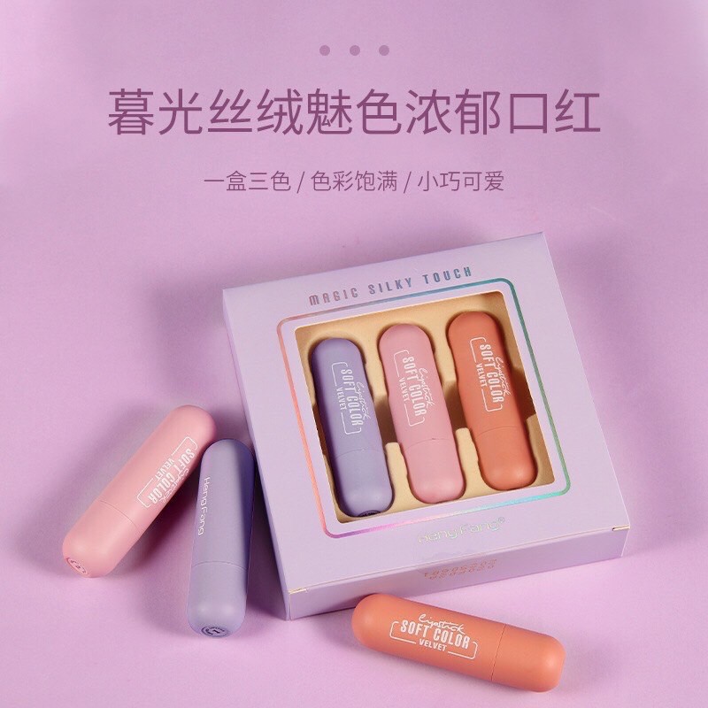 SET 3 Son Sáp Vỏ Tím Pastel Tình Nhân HENGFANG KING DC Lên Màu Chuẩn Bám Lâu Siêu Mới Lạ HOT