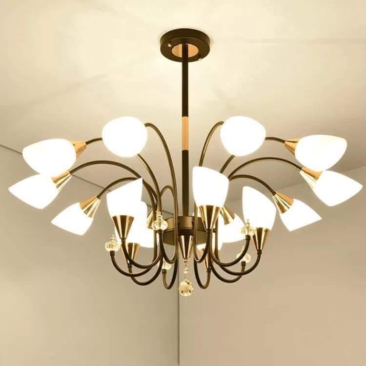 Đèn chùm trang trí phòng khách 15 tay búp hoa thân hợp kim chao thuỷ tinh trắng bóng led 3 chế độ sáng