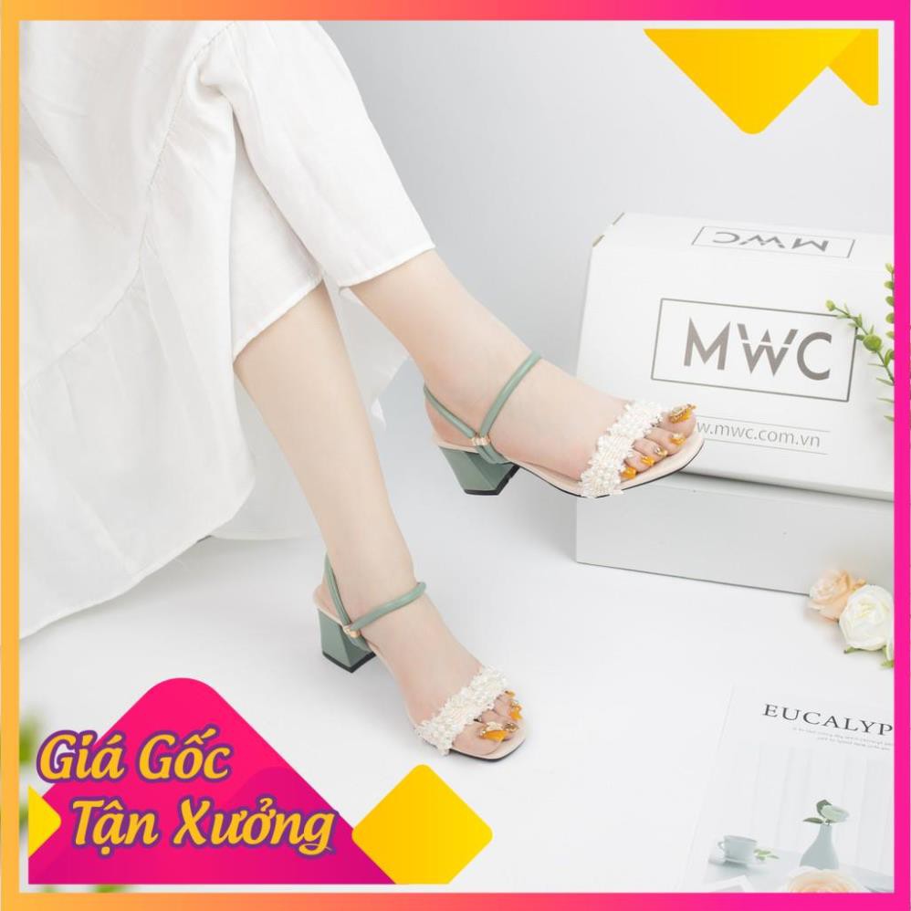 🌈FREESHIP🌈 Giày cao gót nữ quai ngang phối ren đế vuông MWC NUCG-3917