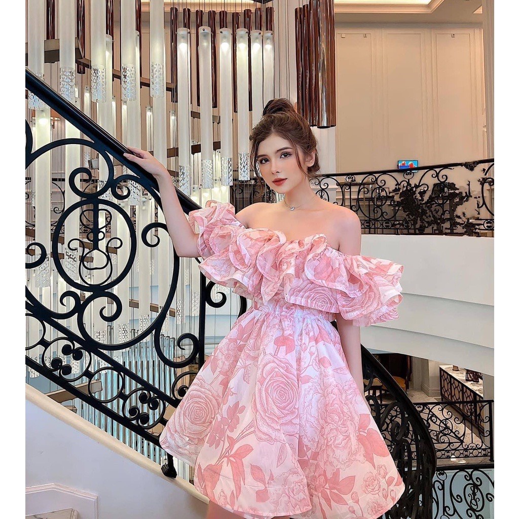 Đầm Nữ Bèo Trễ Vai Bèo Tầng Cực Dễ Thương Hàng Nhà May Có Lót Toàn Thân .