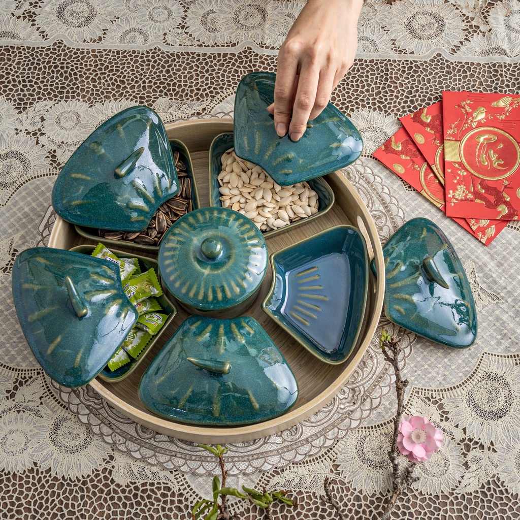 Khay mứt Tết hình hoa đào kèm khay gỗ men hỏa biến cao cấp gốm sứ Bát Tràng