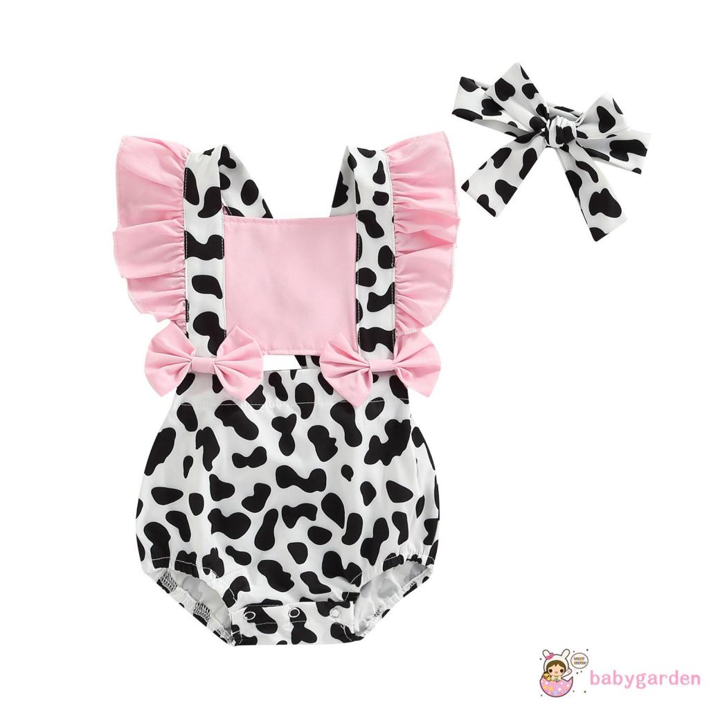 Bộ Áo Liền Quần Tay Cánh Tiên Họa Tiết Bò Sữa + Băng Đô Cài Tóc Thời Trang Mùa Hè Cho Bé Gái 0-24 Tháng Tuổi