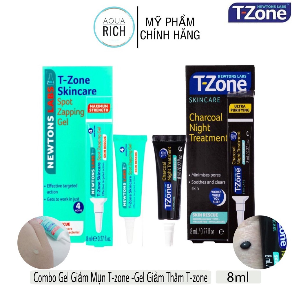 Combo Gel Giảm Mụn T-Zone Zapping Gel 8ml Và Gel Giảm Thâm T-Zone Charcoal Night Treatment 8ml