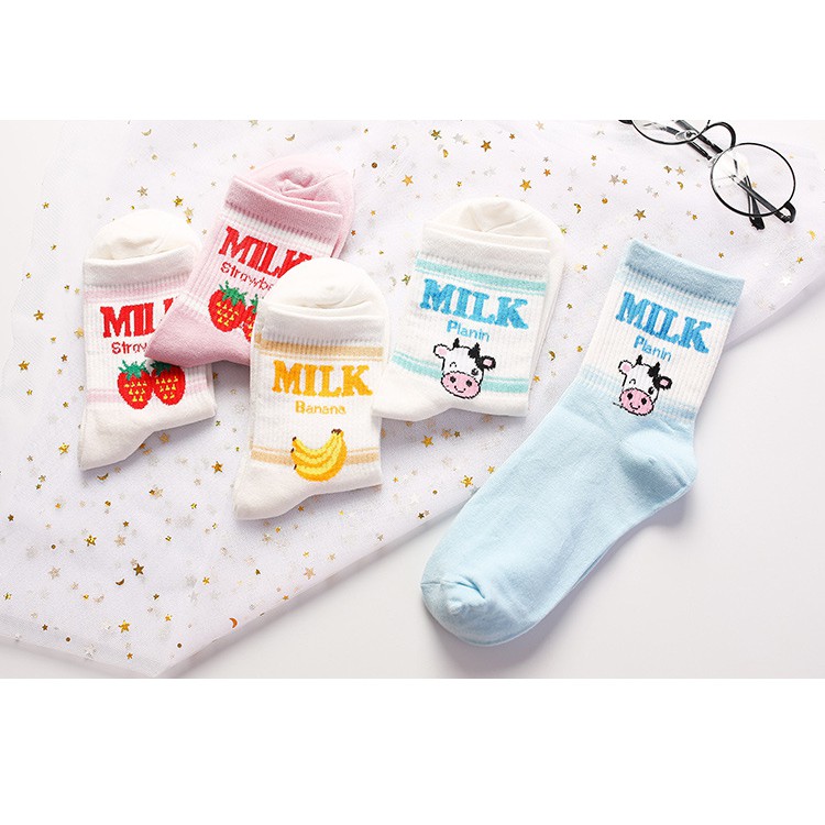 Tất Cổ Lửng Họa Tiết Chữ Milk, Bò Sữa Phong Cách Cute Dễ Thương - Vani Store [TAT00056]