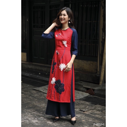 Áo dài Tết mặc 1 lần NEM màu xanh màu đỏ size S (áo dài thiết kế)