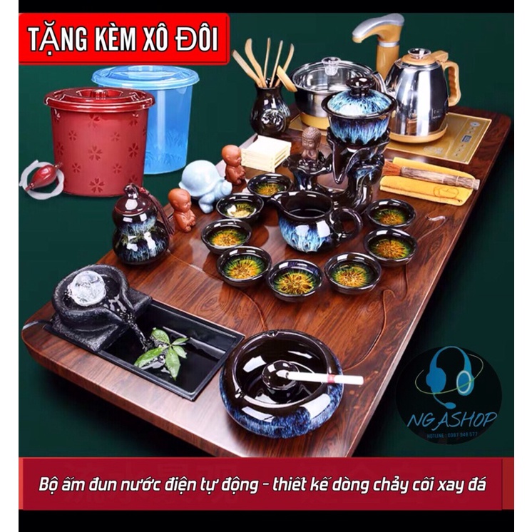 Bộ bàn Pha trà điện tự động khay gỗ dòng chảy cối xay đá cao cấp, Bếp đun cảm ứng đa năng thông minh kèm Ấm chén-CQ 1826