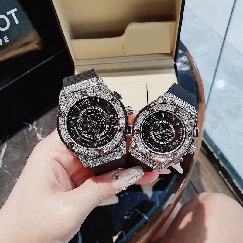 Đồng Hồ Nam Nữ Cặp Đôi Hublut Chrono F1 Lịch Ngày Đính Đá Dây Cao Su Bền Siêu Đẹp