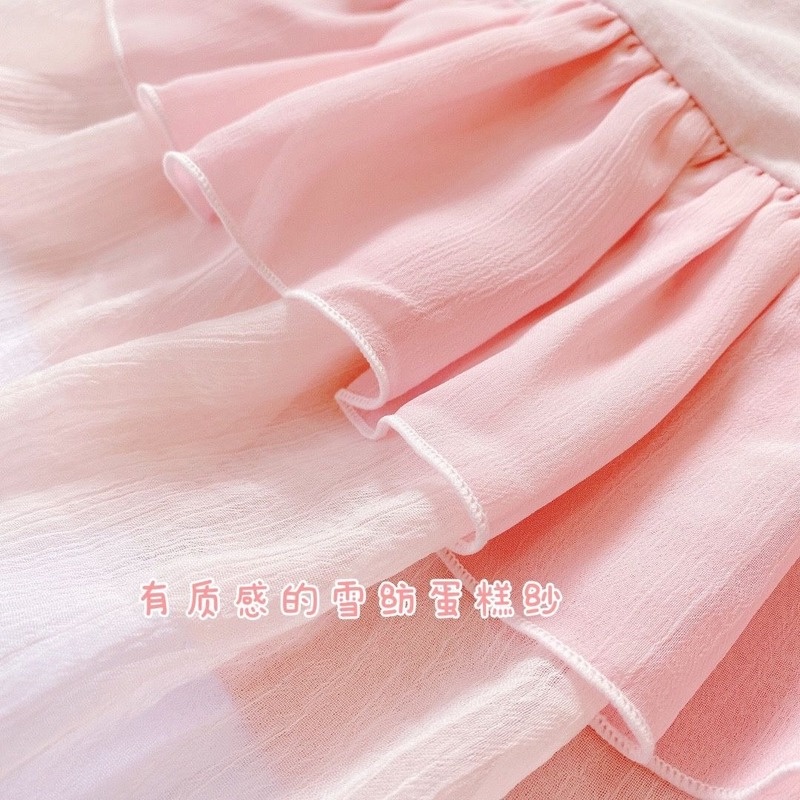 Đầm Tay Ngắn Cổ Búp Bê Màu Hồng Dễ Thương Phong Cách Hàn Quốc Cho Bé Gái