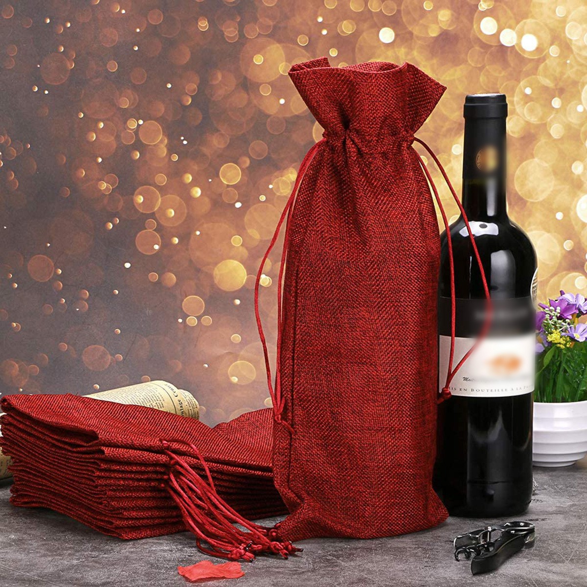 Set 10 túi dây rút bọc bảo vệ chai rượu chống bụi kích thước 15x35cm dùng để trang trí tiệc cưới/giáng sinh