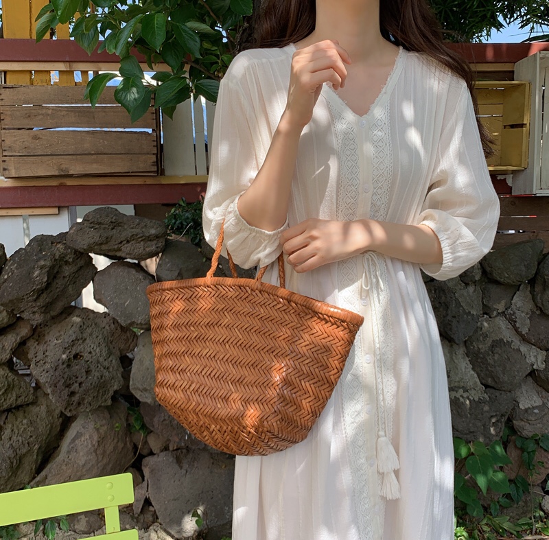 Đầm cotton trắng cổ chữ V thanh lịch phong cách Hàn Quốc 42637