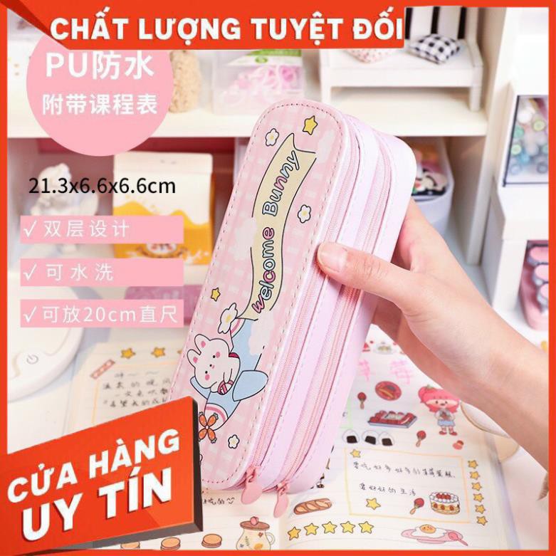 Hộp bút da PU nhiều ngăn hình thú, bóp viết 2 tầng cỡ to chống nước màu pastel cho bé gái