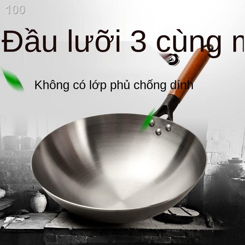 Nồi sắt Zhangqiu truyền thống kiểu cũ Chảo sắt nguyên chất tay cầm bằng gỗ Chảo gia dụng Bếp gas đáy tròn khỏe chảo khôn