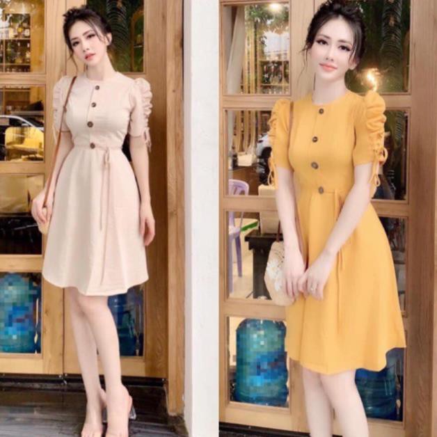 Đầm Nữ Dáng Xòe Tay Bồng Buộc Nơ Nút Ngực Chất Vải Umi Co Giãn Thời Trang Young Lady VNJ257 ྇ ་