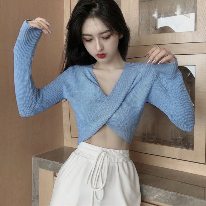 Áo Len Tay Dài Cổ Chữ V Màu Sắc Đơn Giản Phong Cách Retro Cho Nữ