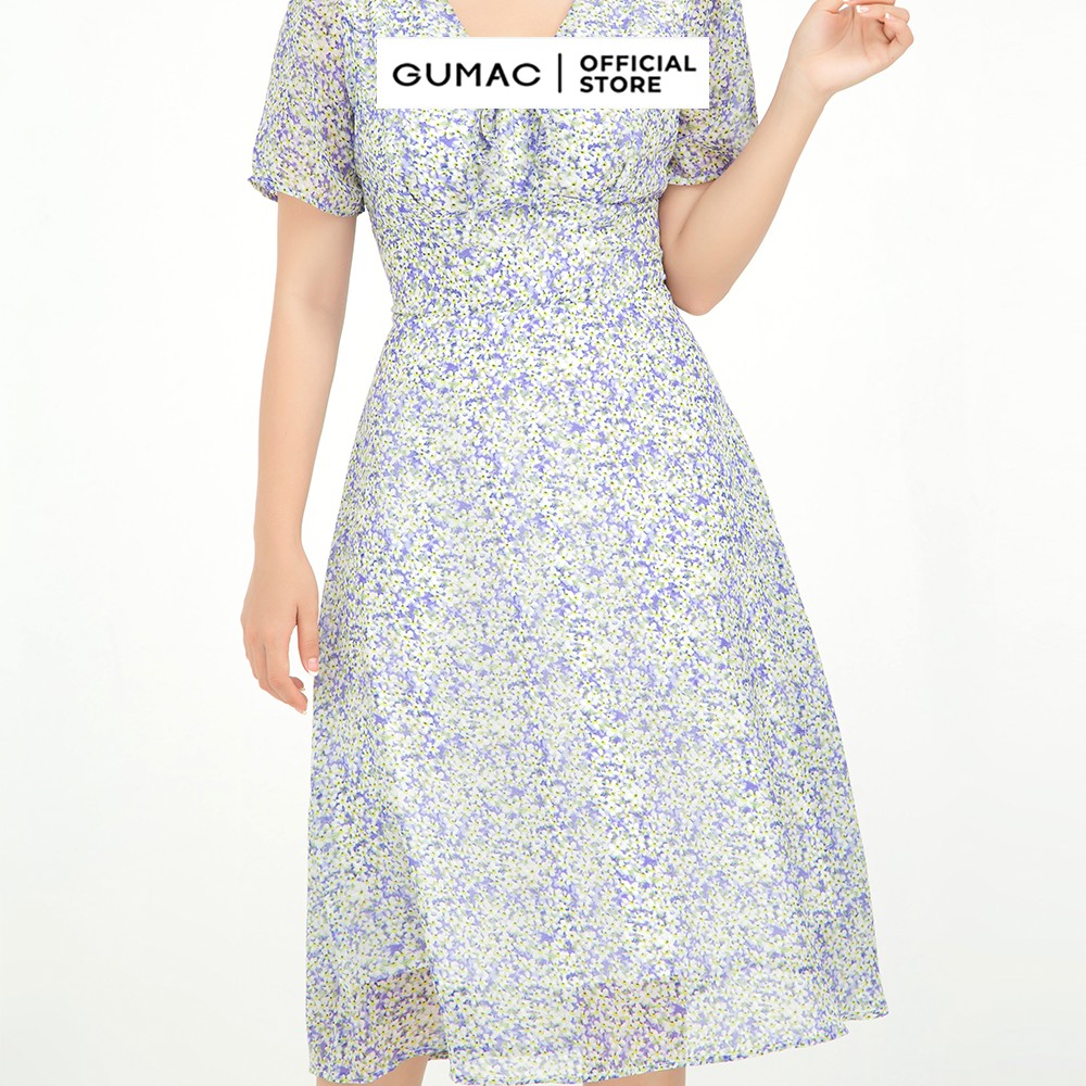 [Mã MABR07062 giảm 8% tối đa 50K đơn từ 249K] Đầm xòe nữ họa tiết hoa cổ V nơ tím GUMAC DB595 | BigBuy360 - bigbuy360.vn