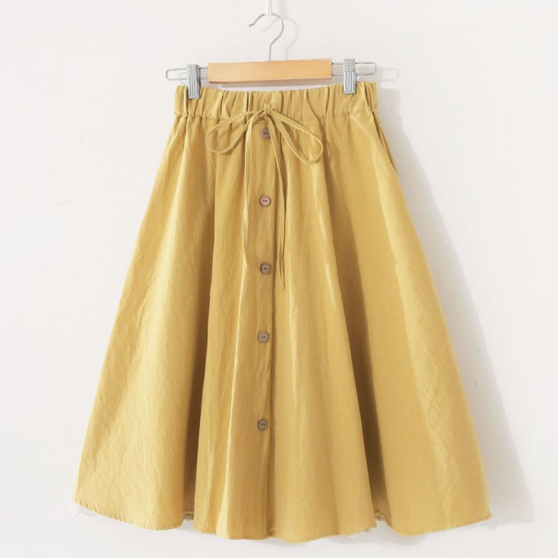 Chân váy đũi thoáng mát dài qua gối bánh bèo có nơ đính cúc - V5