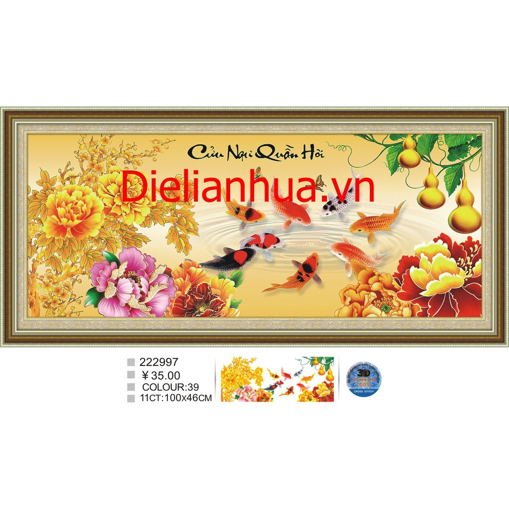 Tranh thêu chữ thập 3D mẫu cá  CỬU NGƯ QUẦN HỘI. Kích thước:  100x46cm