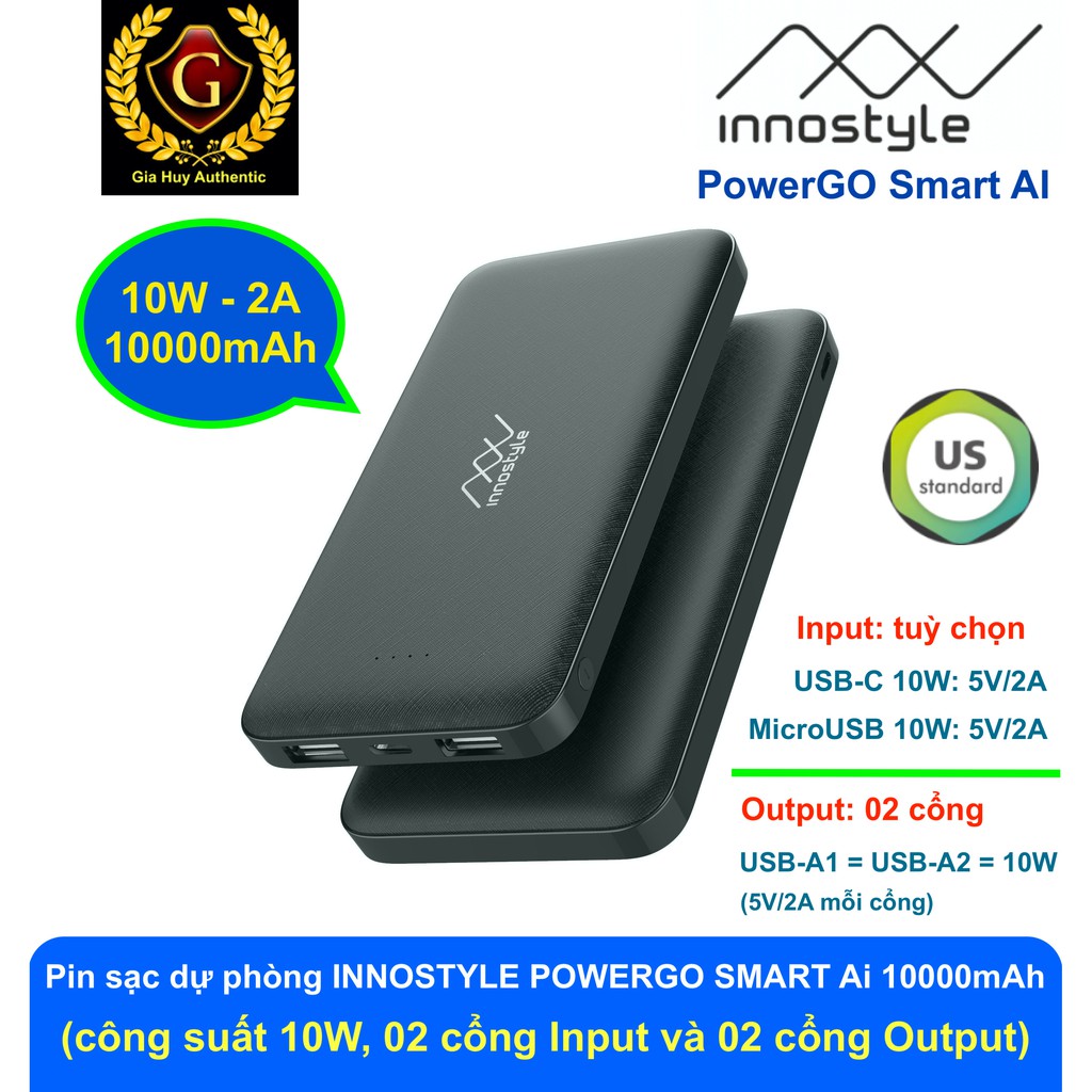 Pin sạc dự phòng INNOSTYLE POWERGO SMART AI 10000mAh 02 cổng USBA 10W