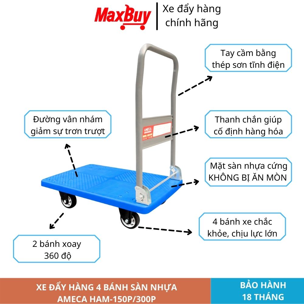 Xe đẩy hàng kéo hàng 4 bánh nhựa giảm ồn tốt sàn nhựa gấp gọn AMECA tải trọng 150kg giao hỏa tốc HN