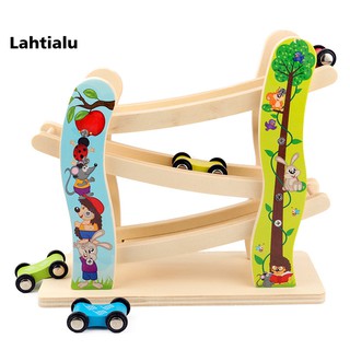 Lahtialu Cartoon Children Wooden Ladder Gliding Car Racing Track Educational Slide Toy