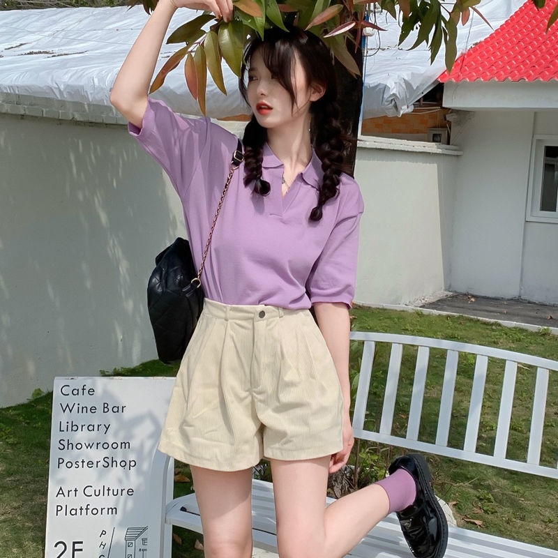 Áo Thun Tay Ngắn Cổ polo Màu Trơn Dễ Phối Đồ Hợp Thời Trang Phong Cách Hàn Quốc