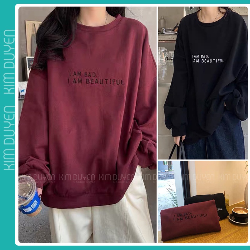 Áo Sweater In Chữ Beautiful Cực Xinh Áo Sweater Tay Bồng Chất Nỉ Ngoại Dày Dặn Form Rộng Freesize Unisex Ảnh Thật