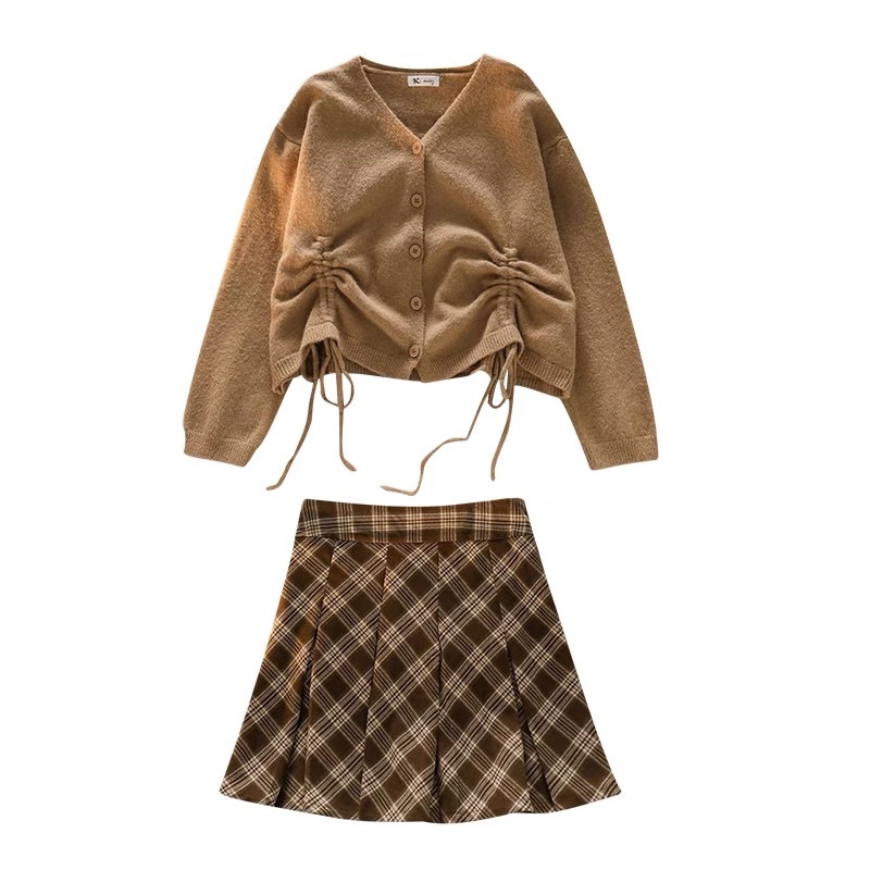 Áo len dệt kim rút dây - Chân váy caro xếp ly