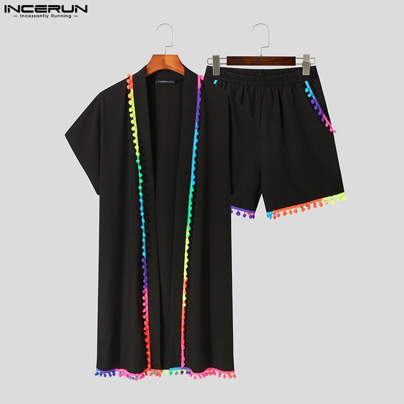 Set đồ INCERUN gồm áo khoác tay ngắn kèm quần short phối tua rua phong cách retro thời trang đi biển cho nam