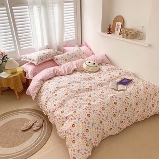 Bộ Chăn Drap Giường 5 Món (Hình Thật) Hồng Caro Phối Thế Giới Hoa M2*2M-M4*2M- M6*2M-M8*2M