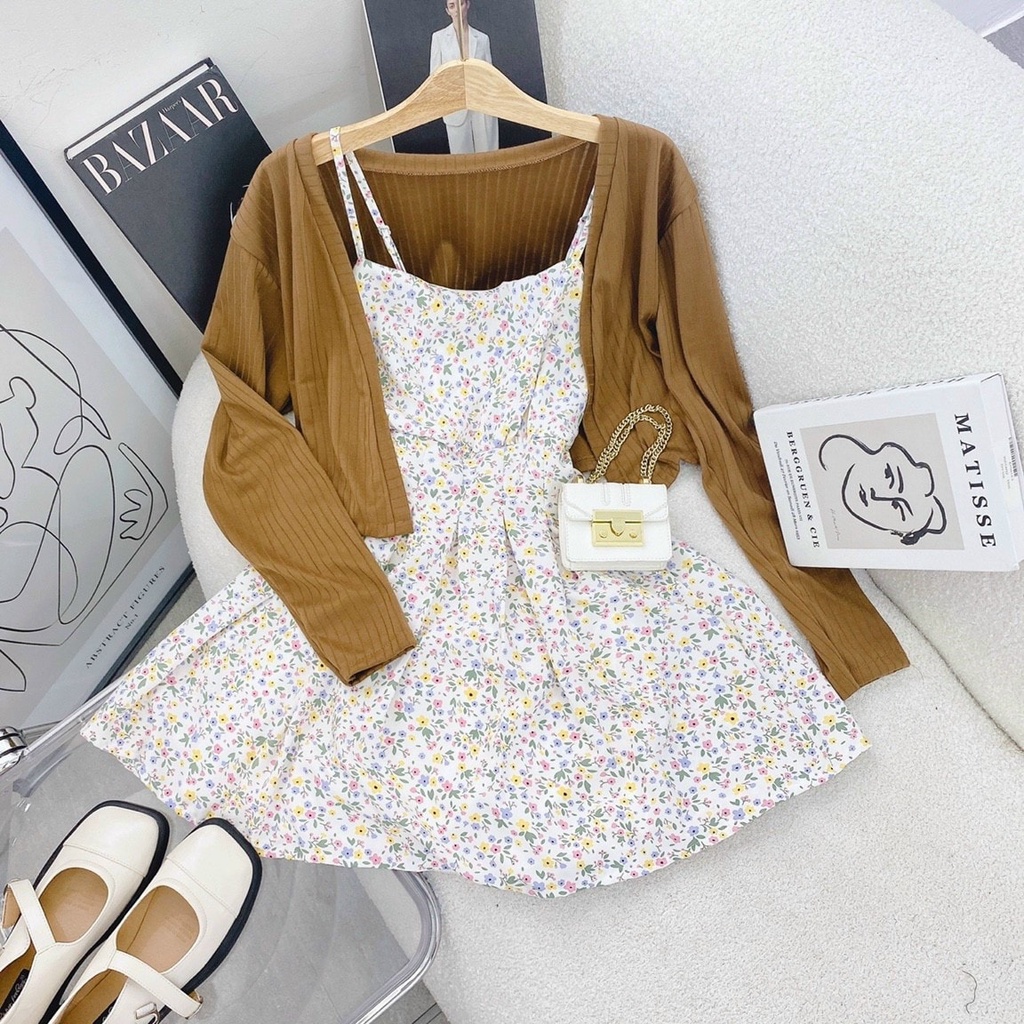 SET Đầm 2 dây hoa nhí tùng xòe kèm Áo khoác màu nâu NÀNG CLOSET