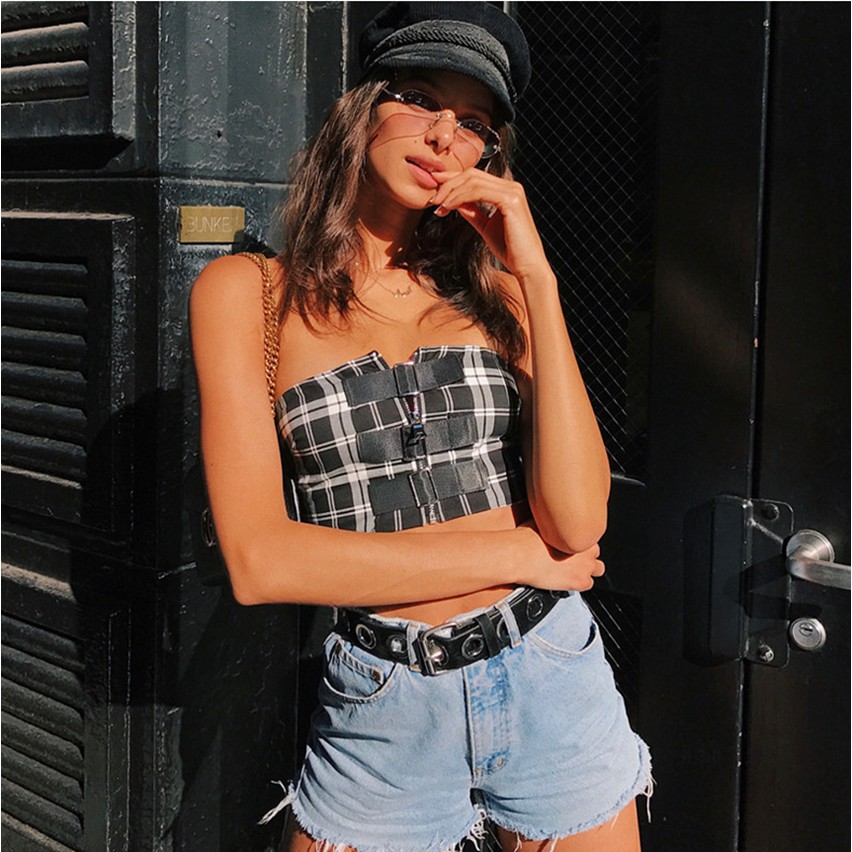 Stylish cotton square stripe pattern ao dai for women ulzzang plaid straps tank top | BigBuy360 - bigbuy360.vn