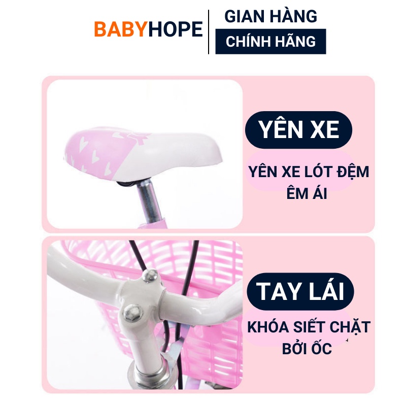 Xe đạp trẻ em size 12 - 14 -16 inch cho bé  từ 2 đến 8 tuổi có bánh phụ giỏ xe, còi BABYHOPE