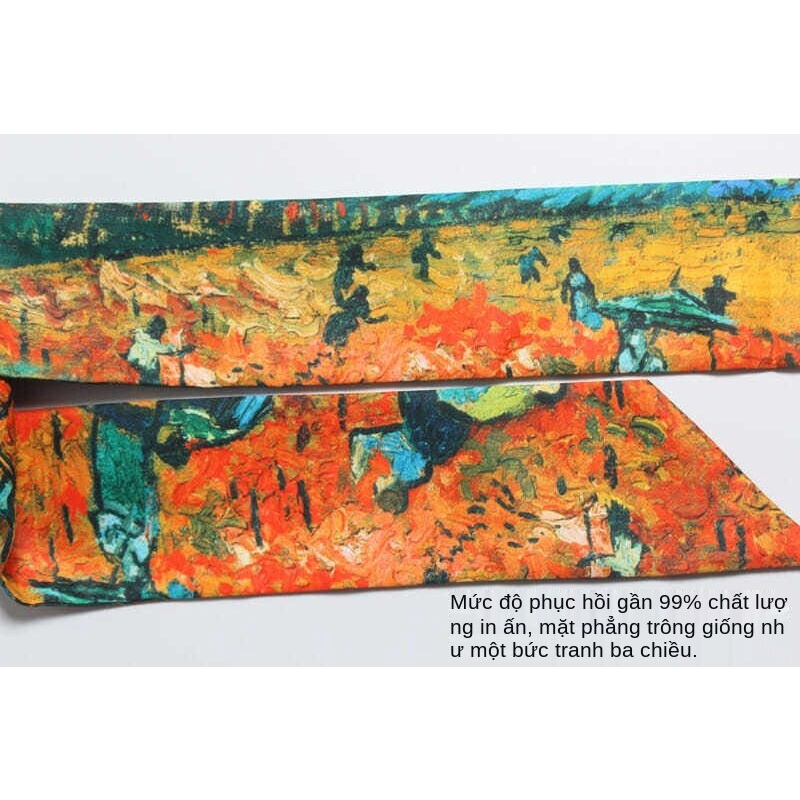 Art with Bag Handle Van Gogh Wheat Field Apricot Flower Starry Sky Oil Painting Slim Narrow Silk Scarf Hair Band Scarf