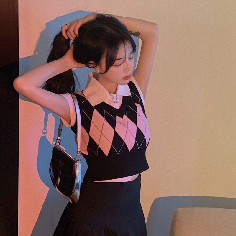 Áo Gile Len Cộc Tay Croptop Ôm Dáng Phong Cách Retro Hàn Quốc