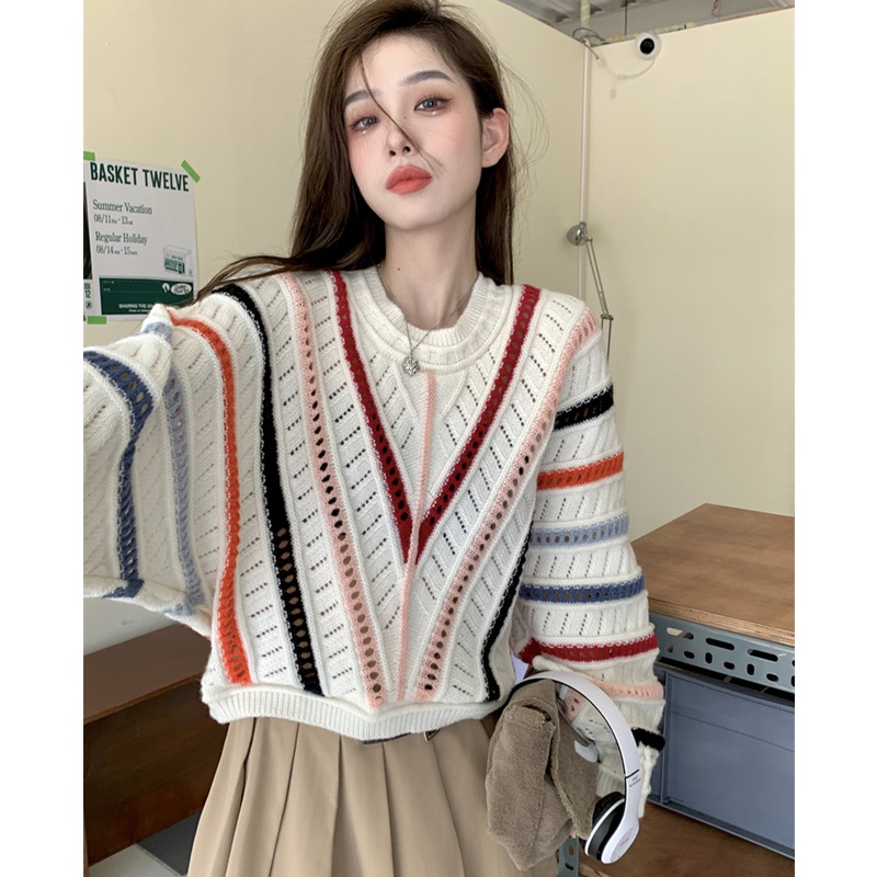 Áo Sweater Tay Dài Dáng Rộng Kẻ Sọc Cầu Vồng Thời Trang Cá Tính