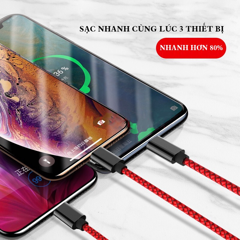 Dây sạc 2 mét 3 đầu iphone, micro, typeC, cáp sạc 3 in1 cao cấp bọc dù chống đứt gãy COLLEN